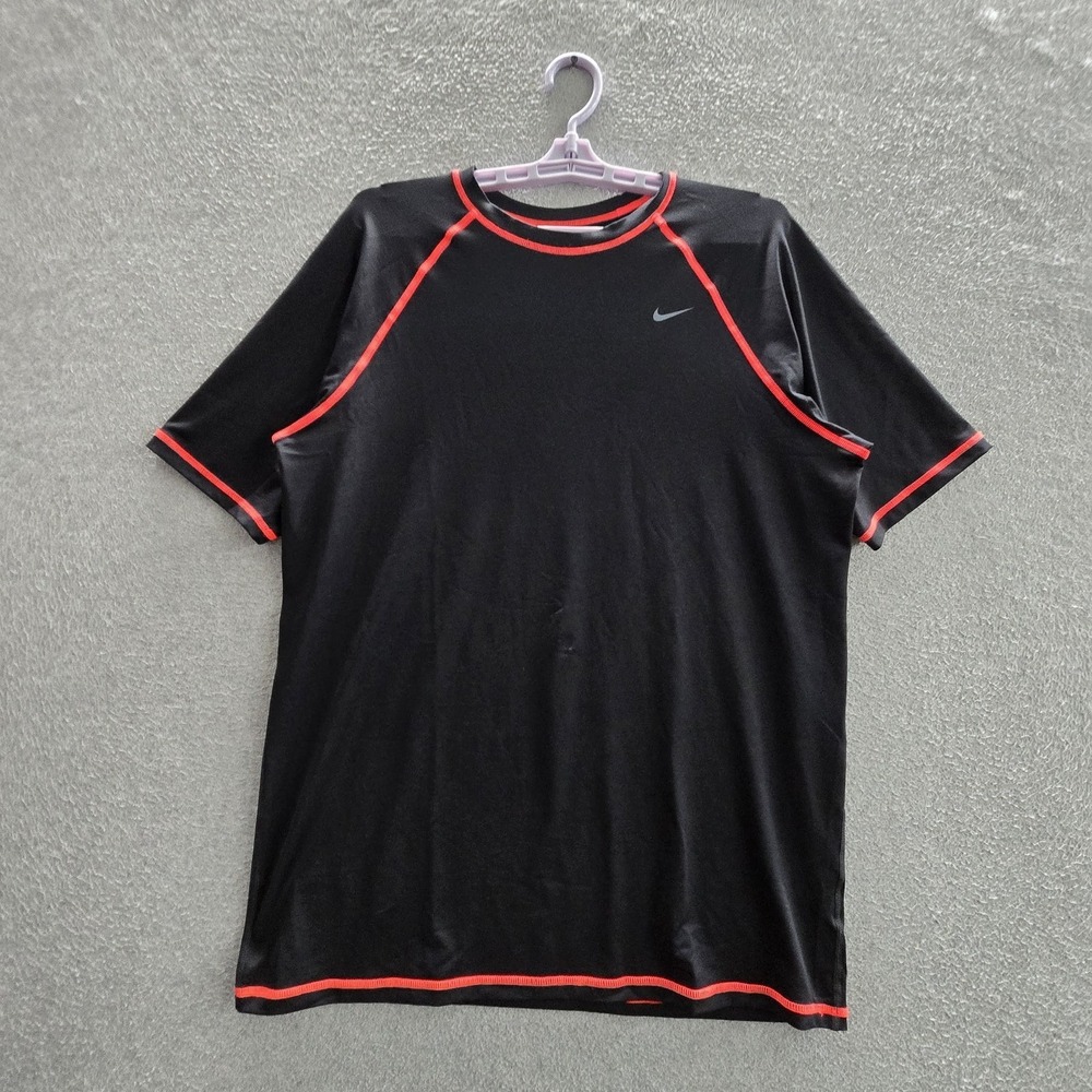 Nike Men Activewear Shirt L Black Swoosh Logo Short Sleeve Crew Neck Pullover